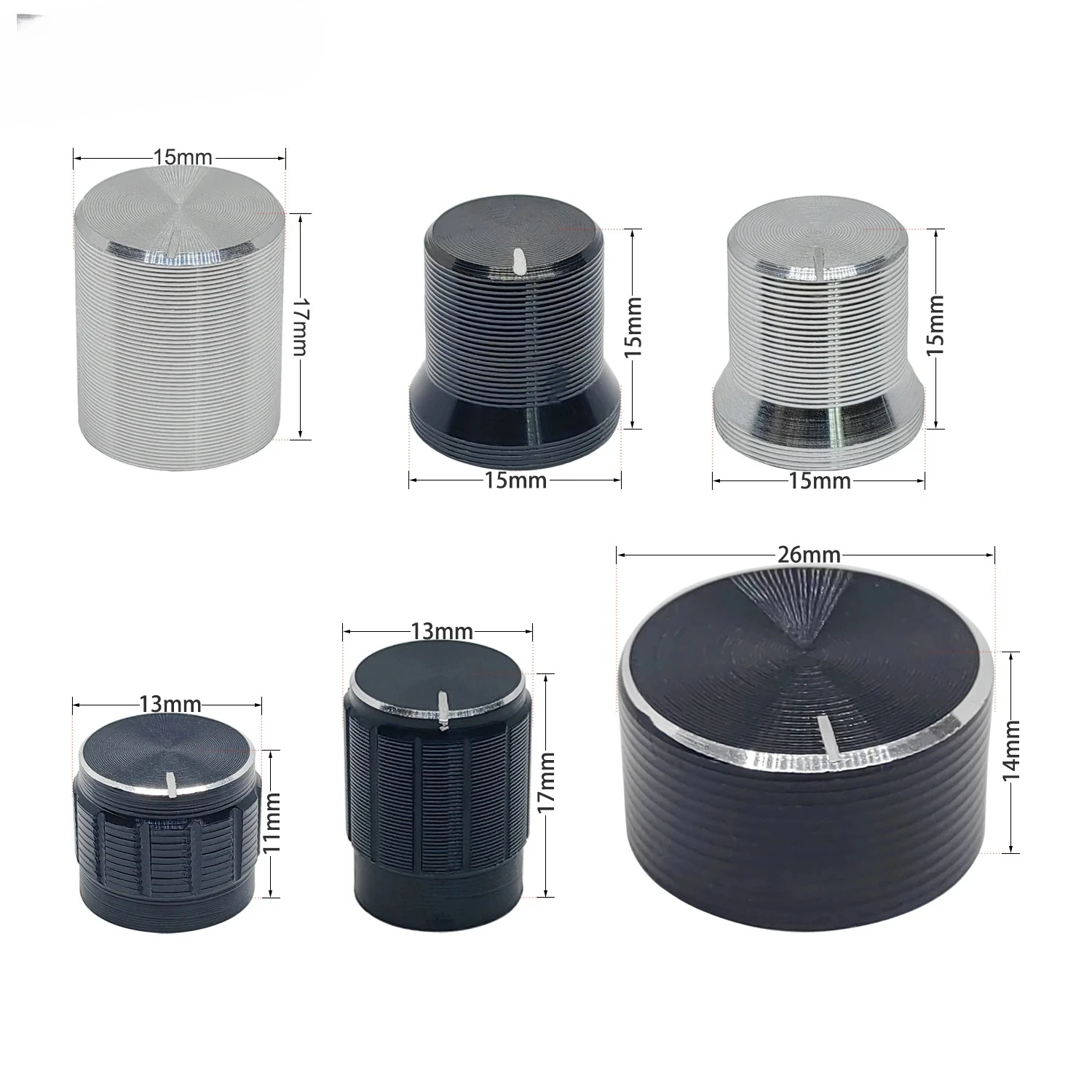 Botão de alumínio para volume de guitarra, 2 peças, tom superior 6mm, para potenciômetro, controle de volume, botões rotativos, diâmetro 13mm 15mm 26mm