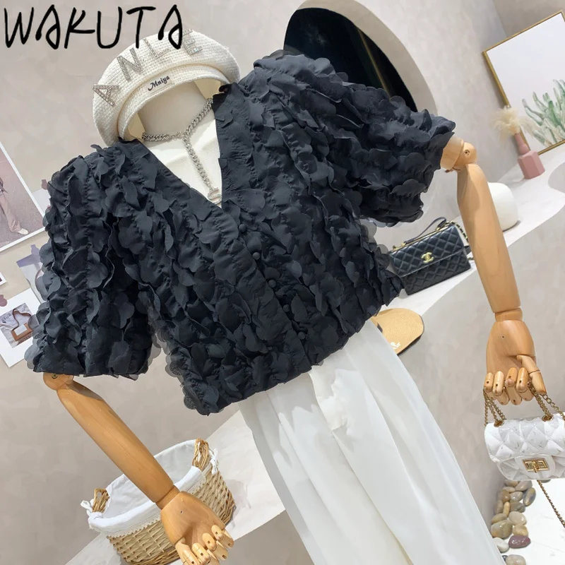 WAKUTA White Black Floral Three Dimensional Short Sleeve Shirts Blouses Women Summer 2024 Korean Style Elegant Loose V Neck Tops