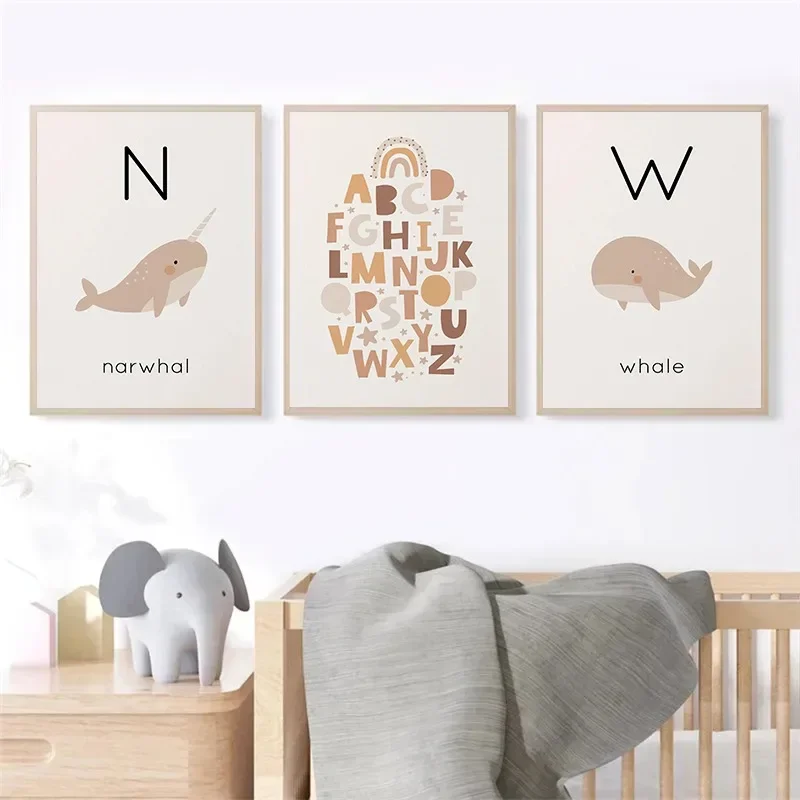 Boho Cartoon ABC Alphabet Animal Wall Art Posters and Prints Picture for Nursery Education Kids Room Home Decor Canvas Painting