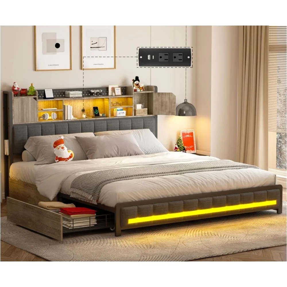 Marco de cama Queen con 4 cajones de almacenamiento y cabecera de estantería, marco de cama LED tapizado Queen con estación de carga USB y tipo C