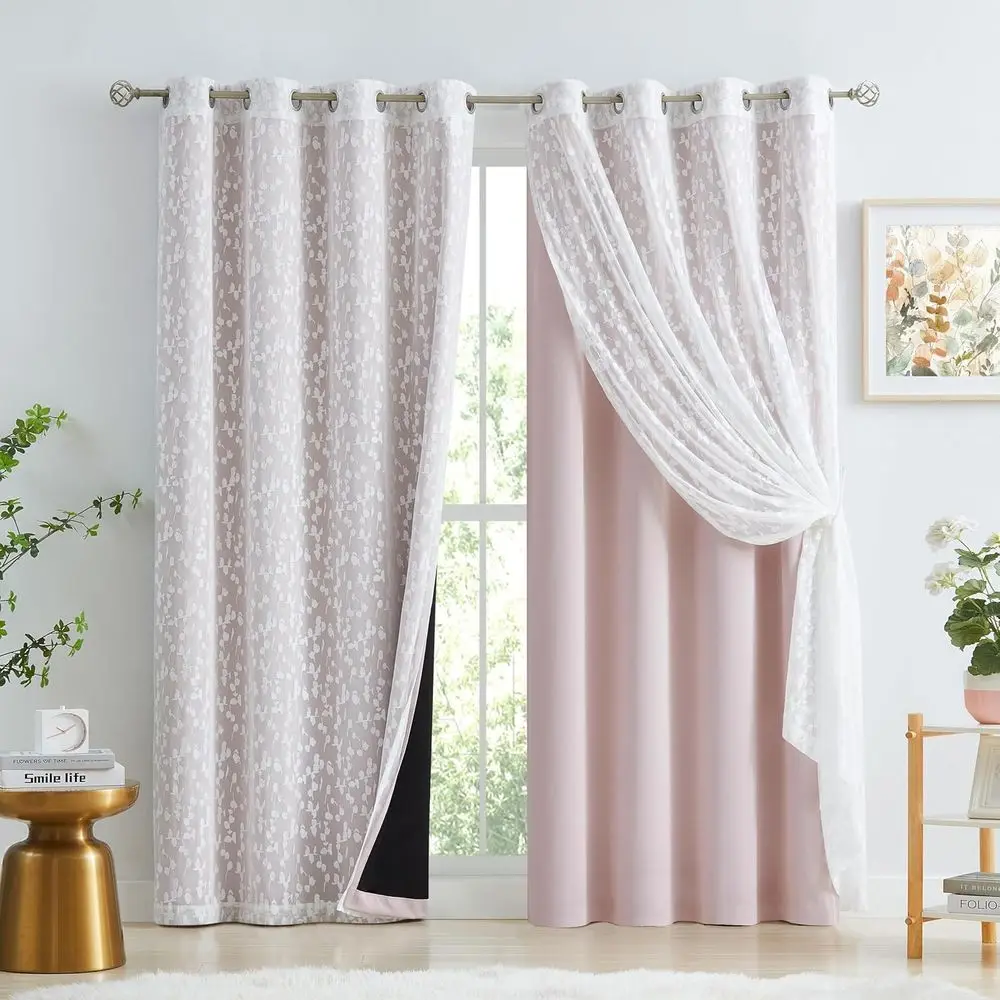 Gorden Transparan Renda Pink & Putih dengan 2 Panel Blackout, 100% Penghalang Cahaya, 52x84, Model Grommet