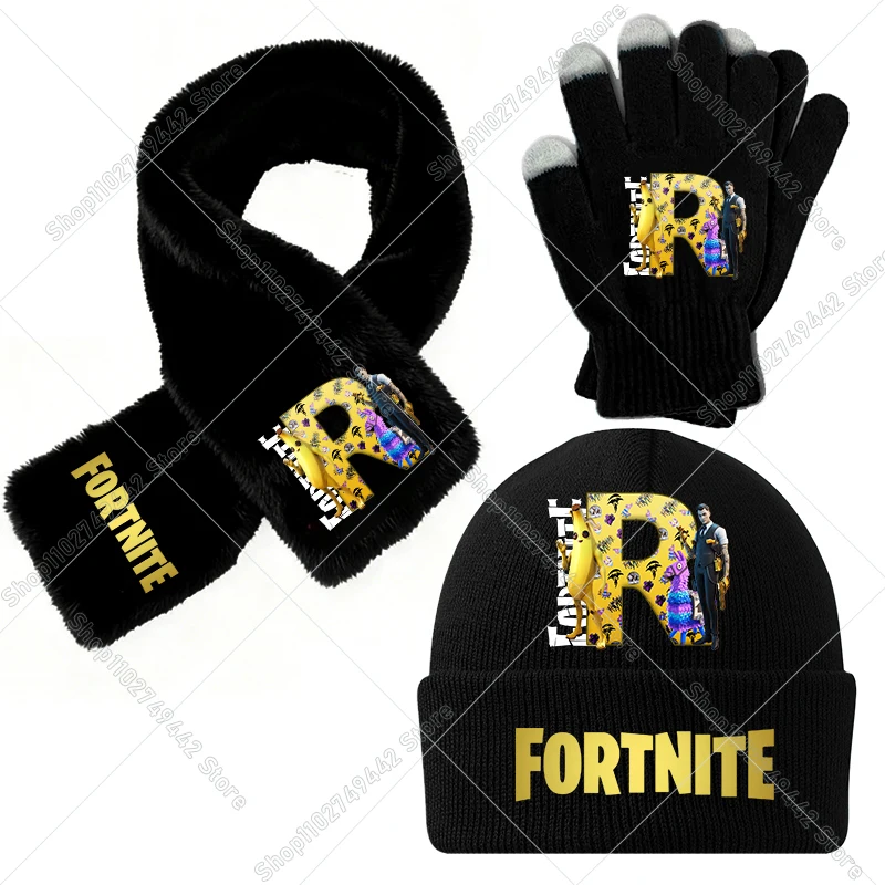 Fortnites Beanies Gloves Scarf 3pcs Set Letter A-Z Kids Winter Wrap Knitted Hat Mitten Boy Girl Game Keep Warm Shawl Caps Gloves