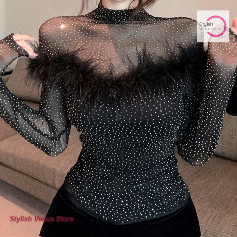 French spice girl pure desire wind luxury rhinestone mesh stitching bottoming shirt female spring and autumn new temperament top