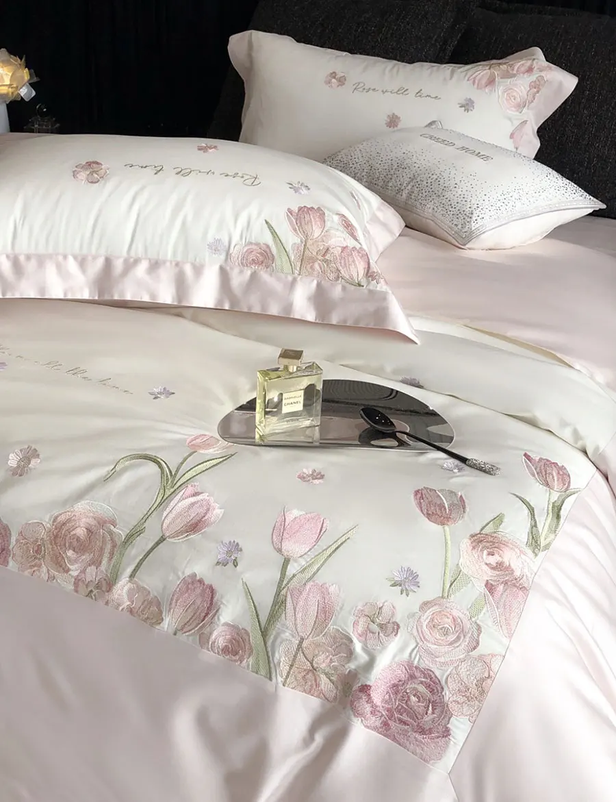 Elegant embroidery flower tulip pink blue beige beding set,full queen king cotton home textile bed sheet pillow case duvet cover