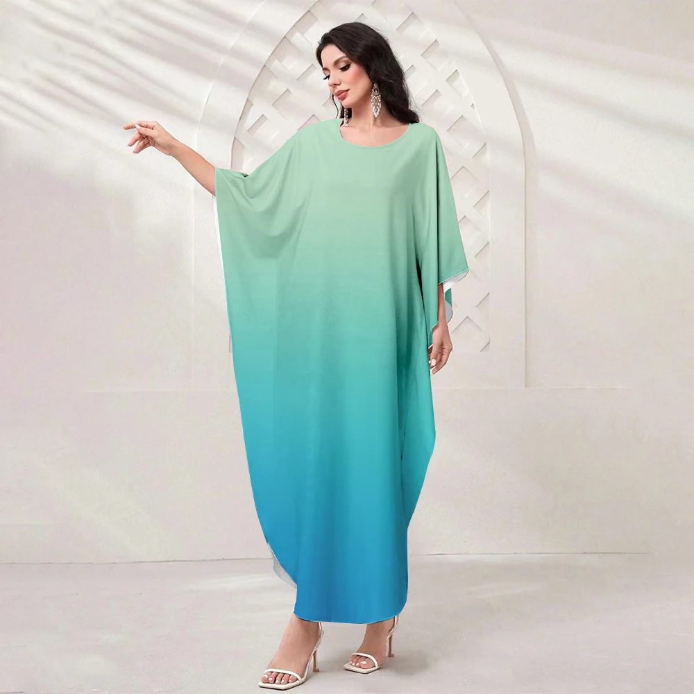 2024 New Loose Women's Muslim Long Gradient Printed Batwing Sleeve Robe O Neck Islamic Robe Dress Turkish Long Women's Shirt