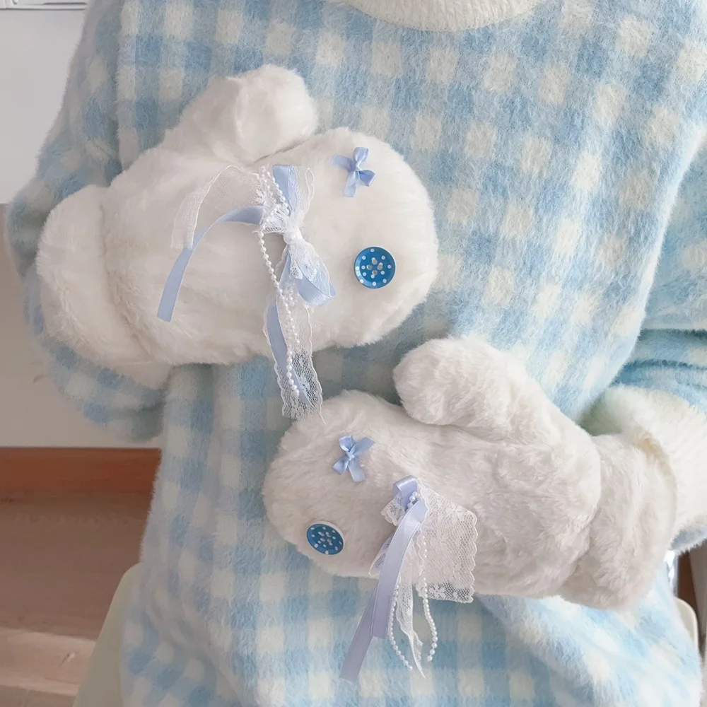 قفازات مغطاة بالكامل بأزرار على شكل فيونكة زرقاء ثلجية، قفازات لف الرقبة للشتاء الطازج للنساء في الهواء الطلق #4