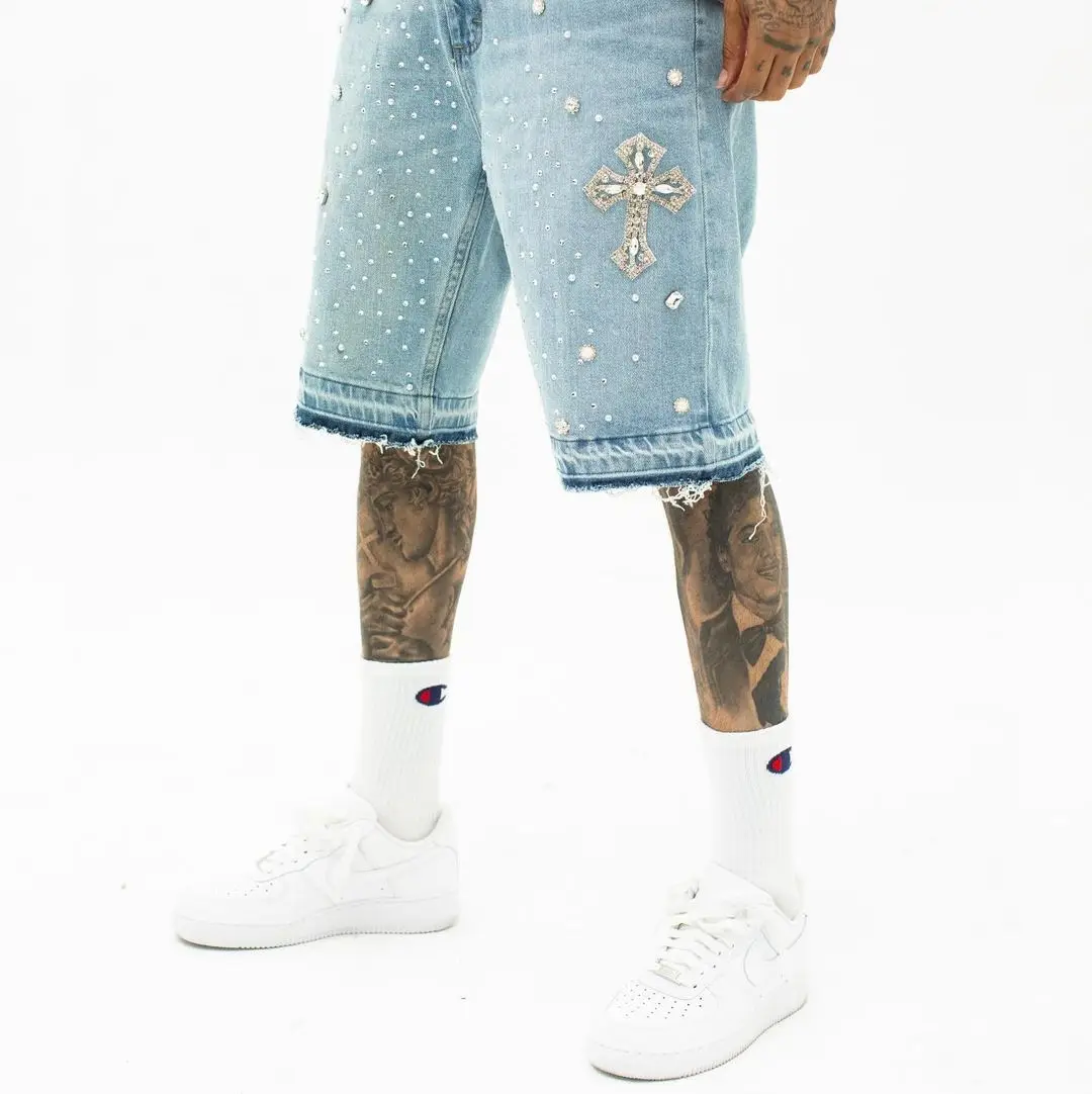 Y2K Hip Hop Retro Rhinestones Streetwear Shorts Gothic Baggy Jeans Denim Gym Shorts Men Women High Waist Basketball Shorts