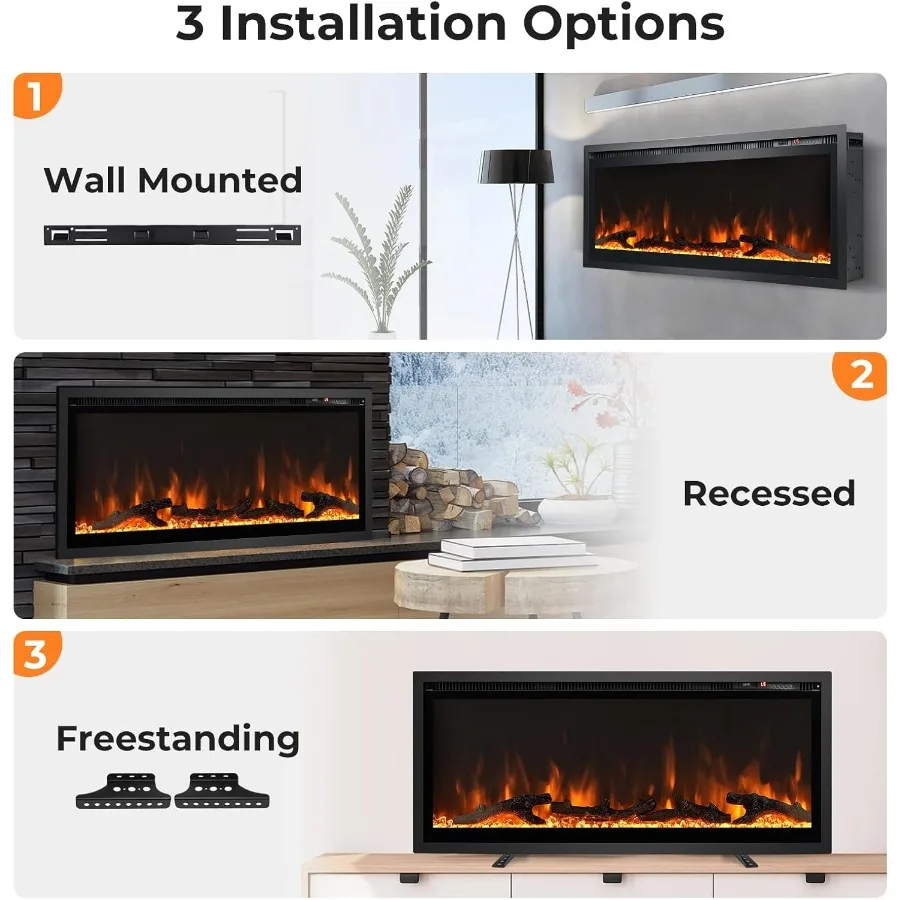 مدفأة كهربائية مقاس 42 بوصة، حل تسخين مثبت على الحائط مع لهب سجل قابل للتعديل، مؤقت 8 ساعات، جهاز تحكم عن بعد 750 #5