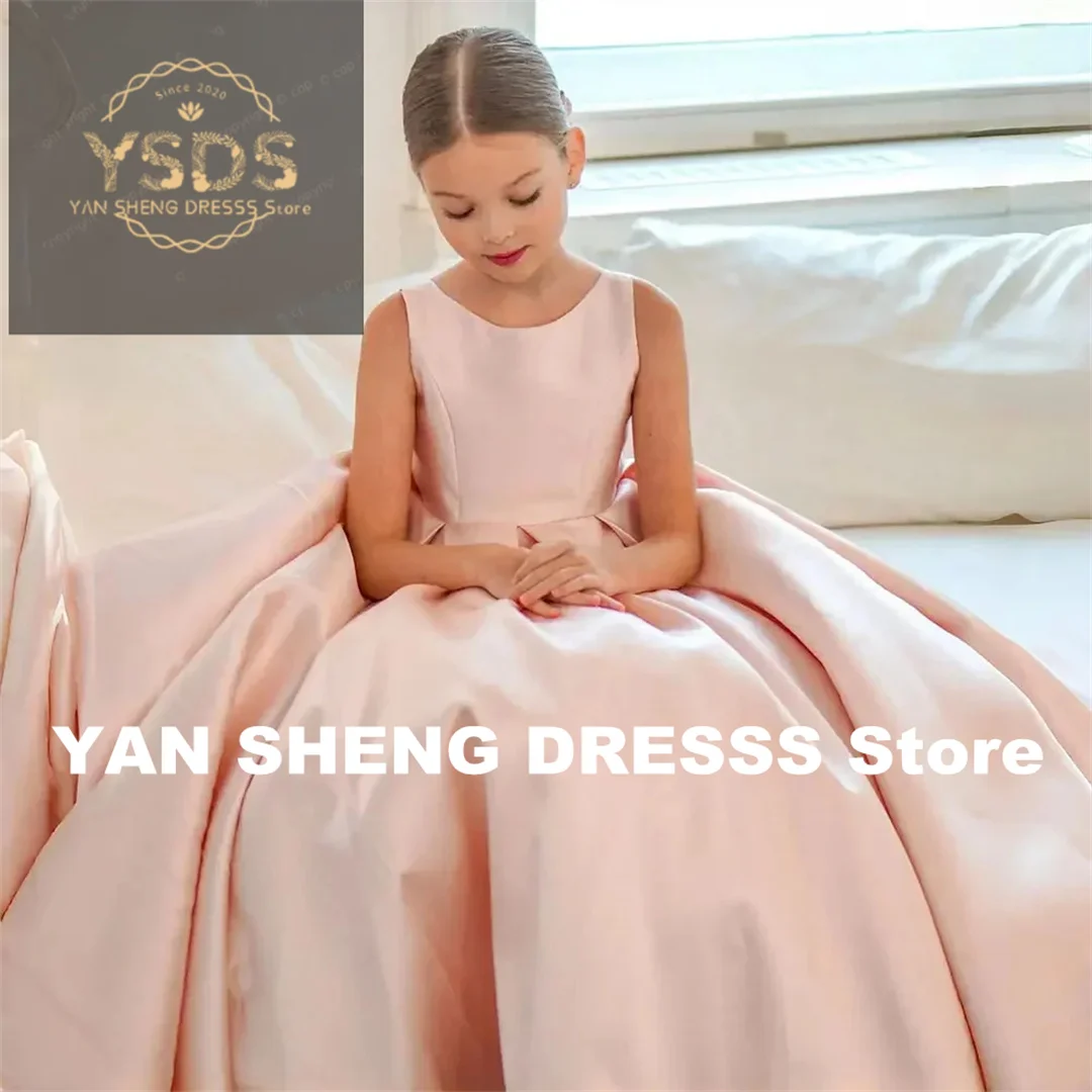 فستان زفاف مخصص من الساتان مع فيونكة بدون أكمام على شكل حرف V من الخلف فستان فتاة الزهور للأميرة الطفل أول فستان حفلة عيد ميلاد إفخارستيا