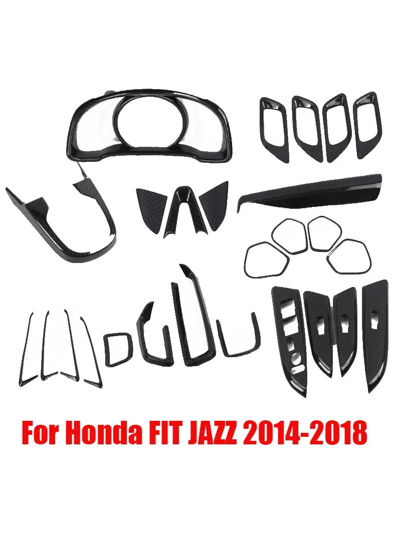LHD dla Honda FIT JAZZ 2014-2018 listwa podłokietnika drzwi z włókna węglowego osłona przełącznika podnośnika szyby panel zmiany biegów przednia osłona wentylacji AC — zdjęcie 2