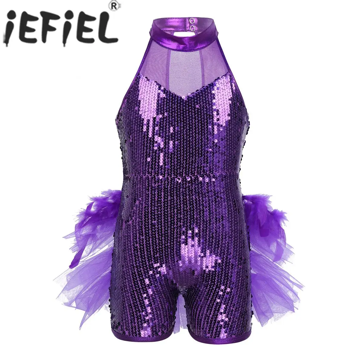 Kids Girls Ballet Leotard Tutu Jazz Latin Dance Skating Gymnastics Performance Jumpsuit Sleeveless Shiny Sequin Mesh Bodysuit