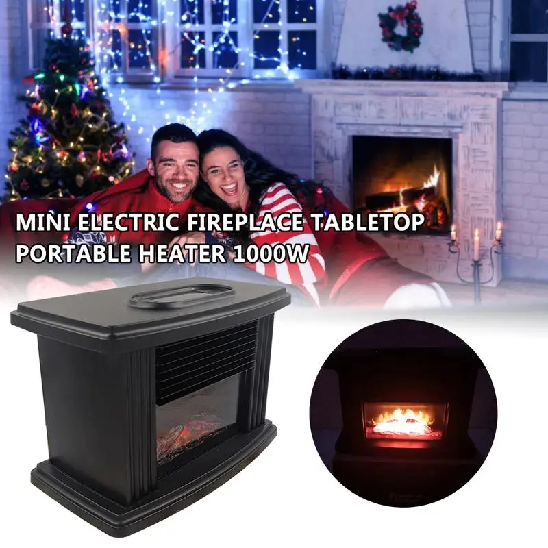 

Mini Electric Fireplace Desktop Stove Heater With Realistic Flame Portable Heater 1000W Black Metal Frame Indoor Heater