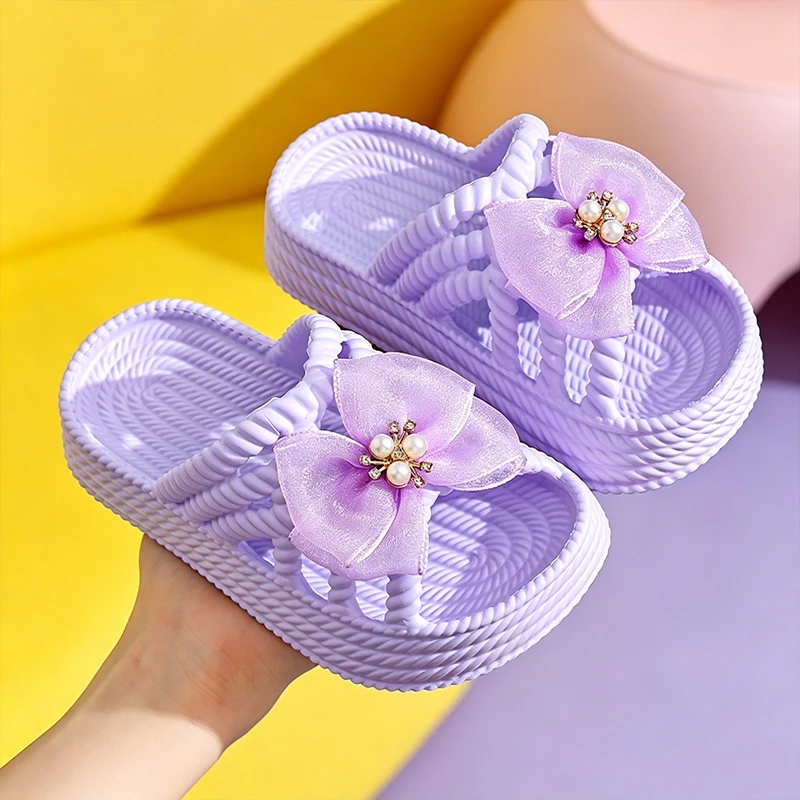 Süße Prinzessinnen-Sandalen für Mädchen mit Spitze und Perlen-Schleife, Gewebte Ausgehöhlte Dicke Plattform Rutschfeste Sommer-Pantoffeln – Detail 10