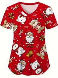 Sanitary Uniform Woman Cute Snowman Prints V-Neck Short Sleeve Pockets in Micro-Elastic Material Tops Clinical Uniforms Woman