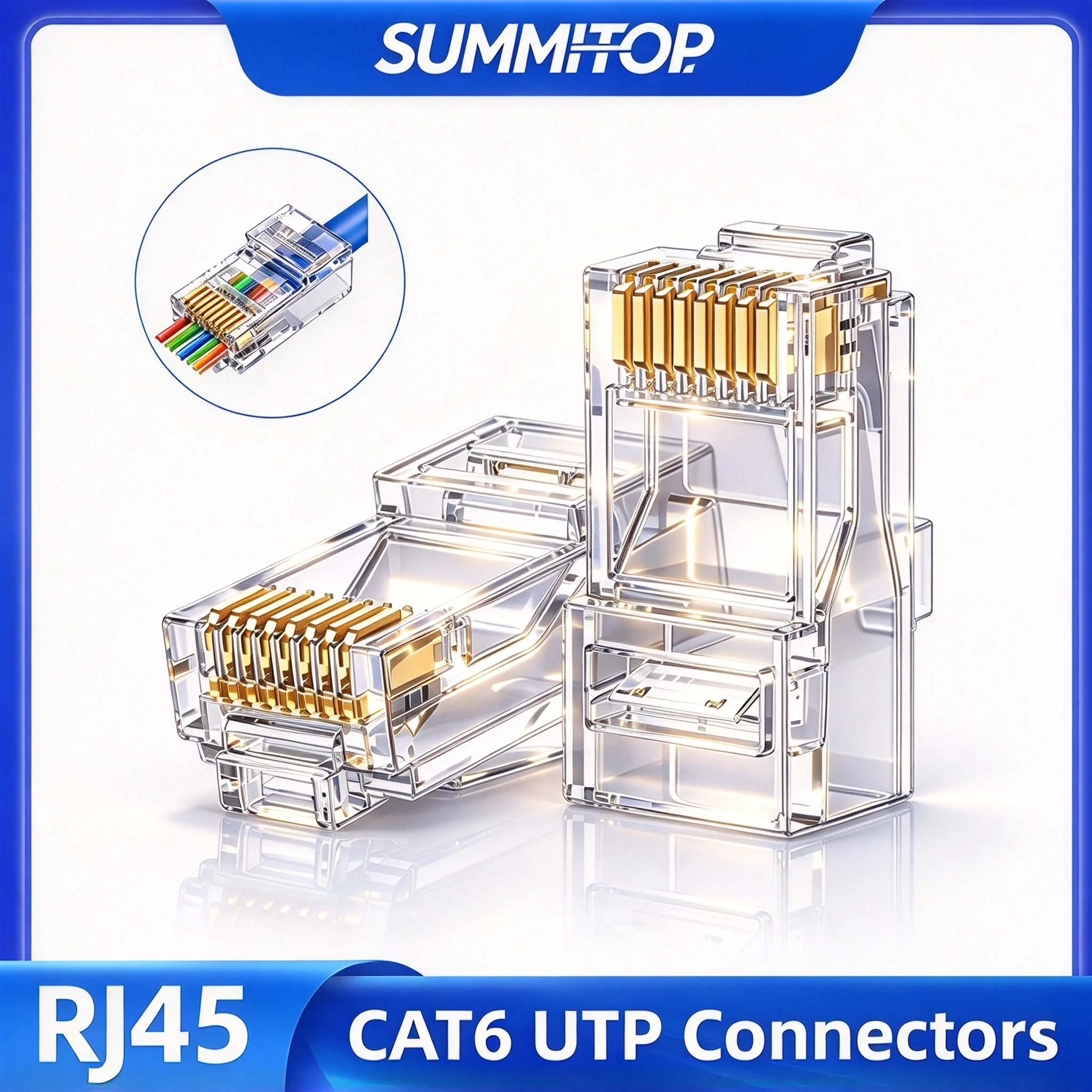 SUMMITOP RJ45 CAT6 Pass Through Connectors Crystal End Gold-Plated 8P8C Crimp UTP Standard Ethernet Network Modular Plug