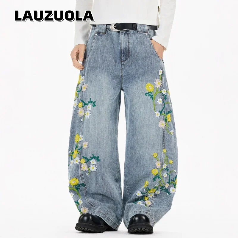Pantalones Vaqueros Vintage para Hombre, Lavados, con Bordado Floral de Margaritas, Pierna Ancha, Estilo Baggy, Hip Hop, Streetwear, Holgados, Casuales