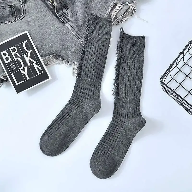 Street art ripped cotton long tube hand cut knitted women\'s street skateboard fashion socks