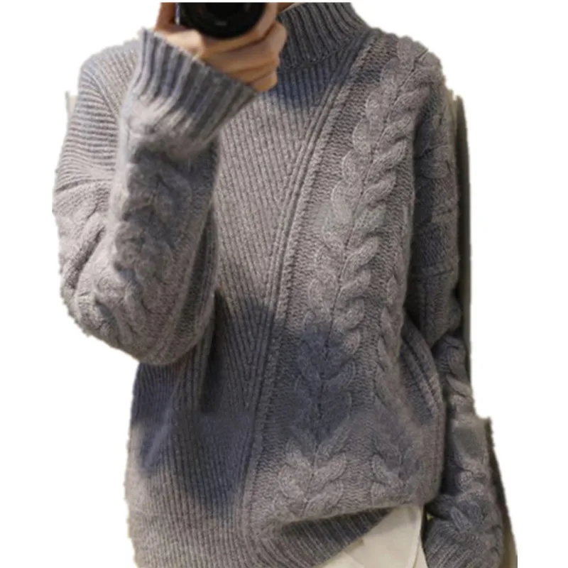 Wunderschöner, asymmetrischer, doppellagiger, halbhoher Kragenpullover aus reinem Kaschmir in Grau mit lockerem Design
