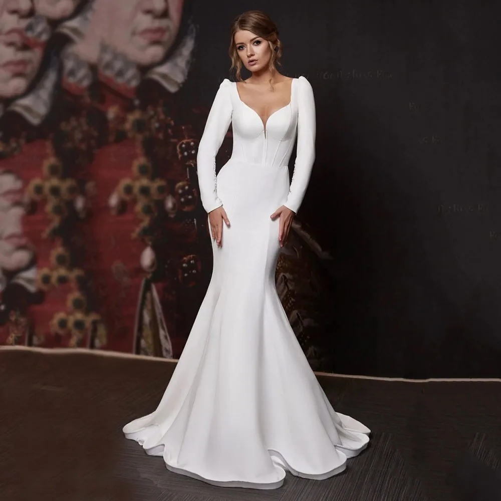

Elegant Long Sleeve Mermaid Wedding Dresses 2026 Corset Button Satin Bridal Dress Formal Wedding Gown Customized