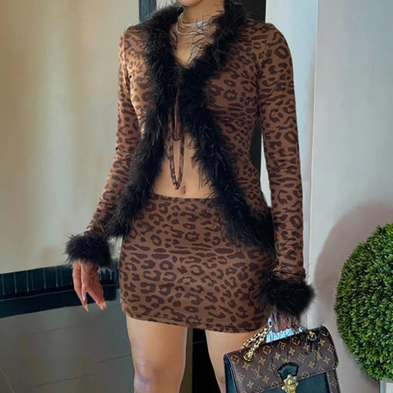

American Sexy Hot Girl Style Burr Leopard Print Contrasting Color Suit Women's Cardigan Slim Fit Buttocks Short Skirt