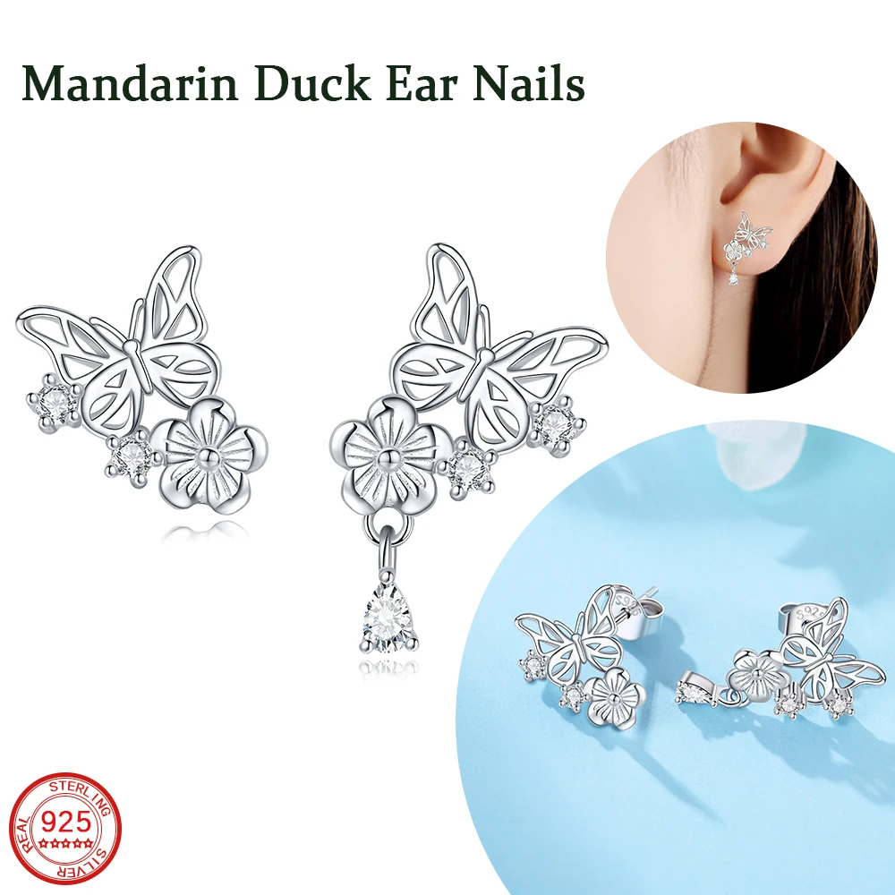 New 925 Sterling Silver White Butterfly Flower Mandarin Duck Earrings for Women's Exquisite Birthday Party Jewelry Accessories