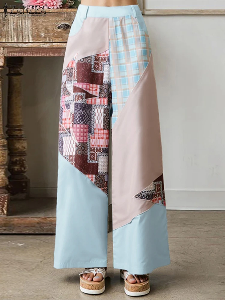ZANZEA موضة السراويل الطويلة النساء عالية الخصر طباعة عادية بنطال ذو قصة أرجل واسعة 2025 الخريف جيوب عادية مرونة الخصر بنطلونات