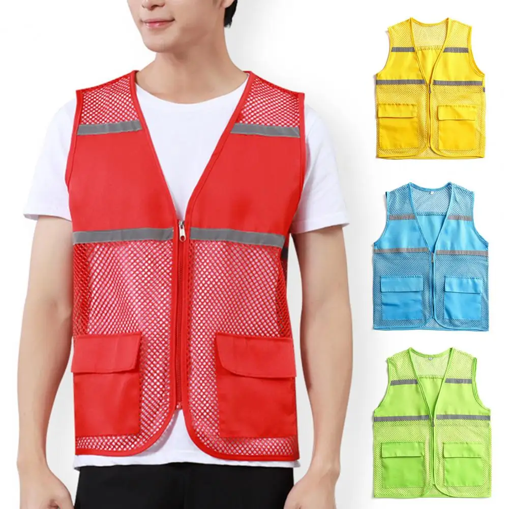 Summer Mesh Volunteer Work Vest Double Pocket Breathable Reflective Strip Safety Vest Outdoor Casual Waistcoat Summer Vest Coat