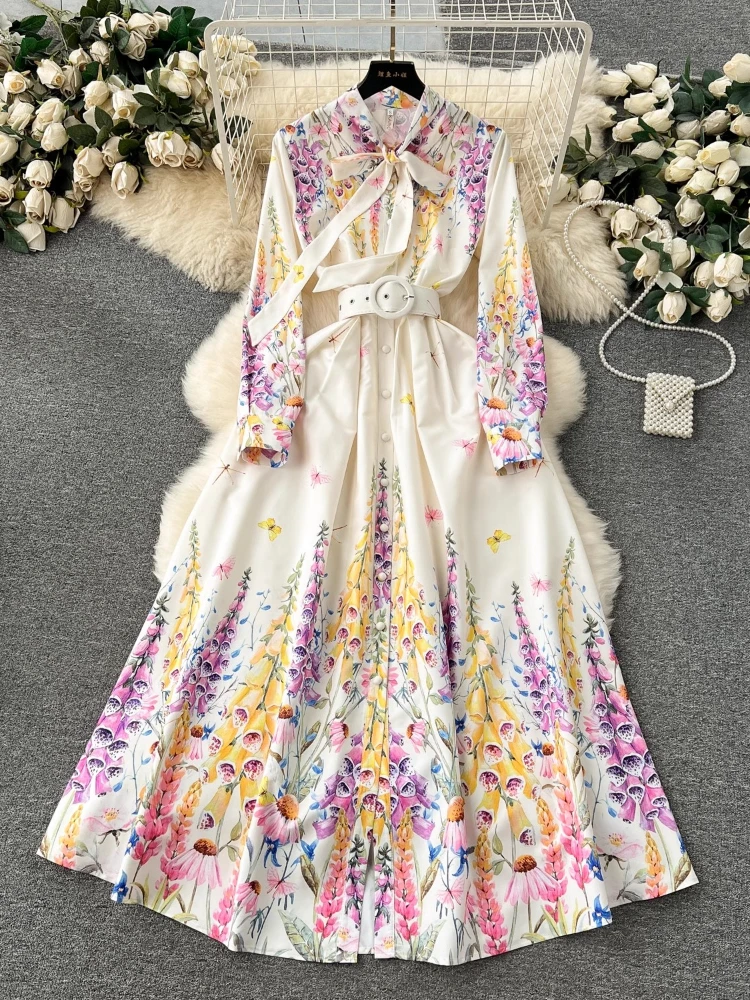 Women Elegant Floral Party Dress Spring Auutmn Bandage Bow Collar Long Sleeved Pleated Vintage Oil Painting Printed Dresses