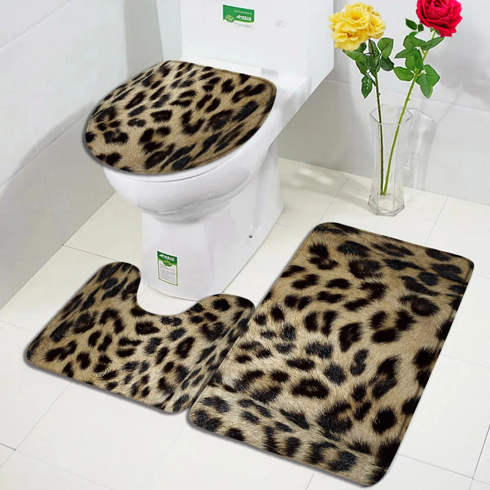 Brown Leopard Print Bath Mat Set Fashion Wild Animal Fur Pattern Modern Bathroom Decor Non-Slip Rug Toilet Lid Cover Home Carpet