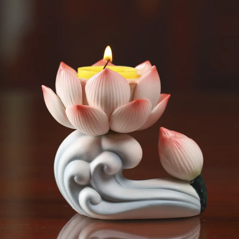 Candela di Buddha realizzata a mano in porcellana con fiore di loto, portacandele, statua di Buddha, decorazione per altare