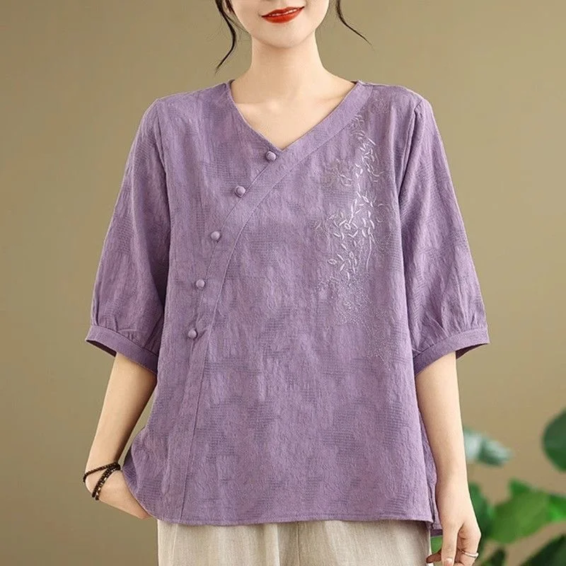 New Chinese Style Cotton Linen Short Sleeve T-Shirt Women's Loose Casual Top Summer Breathable Comfortable Base Shirt