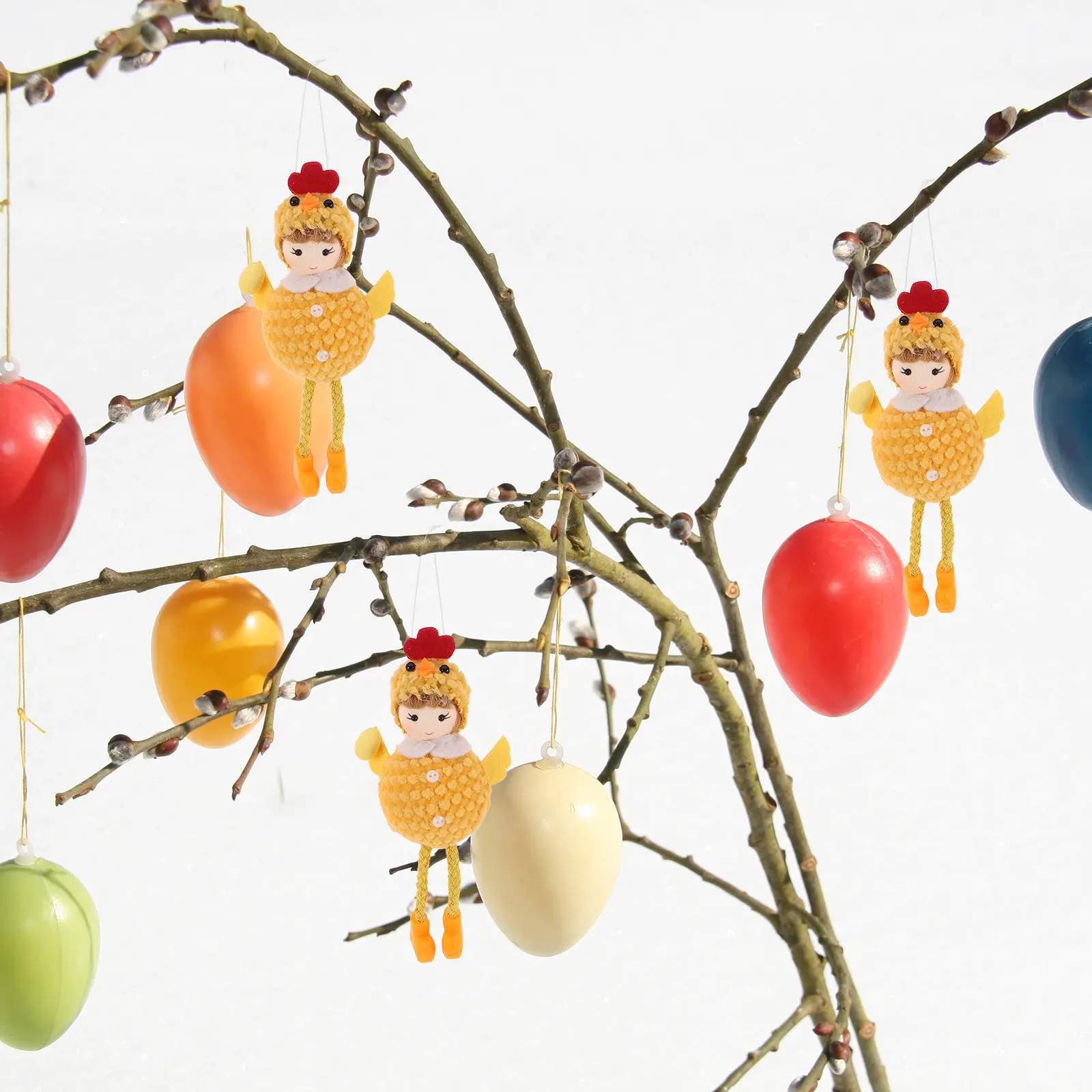 3Pcs Chick Girl Easter Ornament Set Cheerful Spring Hanging Decor with Colorful Egg Festive Home Party Tree Mantel Window