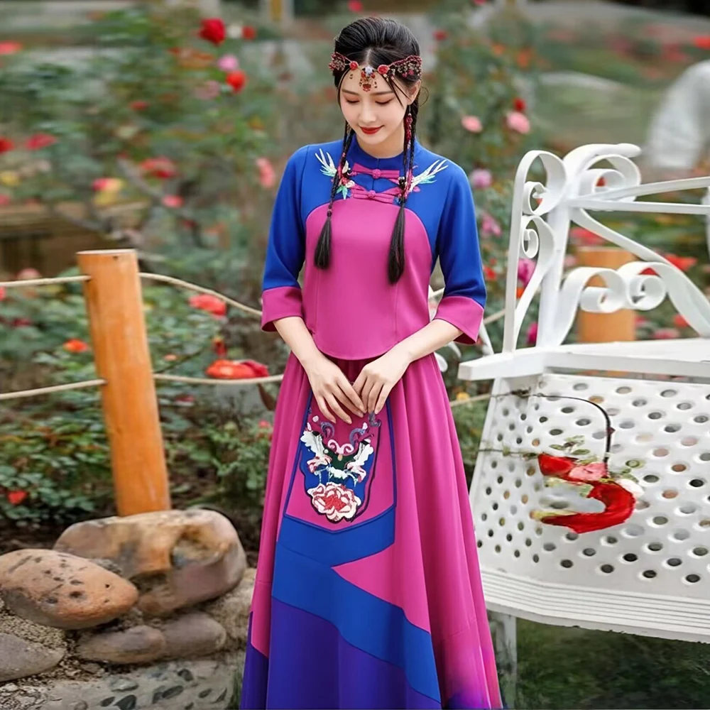 Elegant Chinese Ethnic Style Women's Long Dress with Button Embroidery Stage Performance Outfit Color Block Set Stand Collar