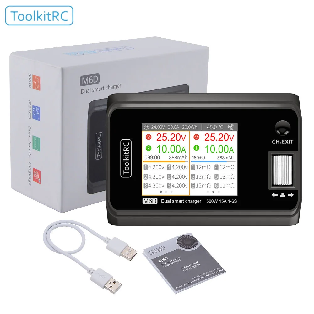 

ToolkitRC M6D 500W 15A DC Dual Channel MINI Smart Charger Discharger with Power Supply For 1-6S Lipo Battery FPV Model Vs M8