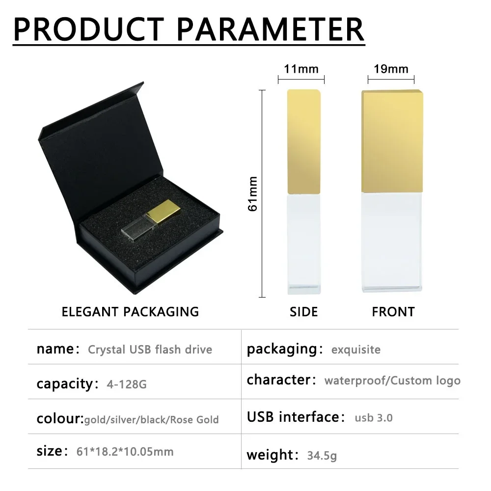 محرك أقراص فلاش USB 3.0 عصي كريستال طباعة مجانية شعار مخصص 4 جيجابايت 8 جيجابايت 16 جيجابايت 32 جيجابايت 64 جيجابايت 128 جيجابايت زجاج شفاف هدية بندريف