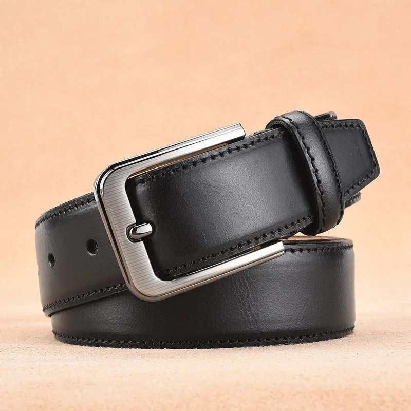 Men's first-layer cowhide belt, genuine leather simple pin buckle, grade 7 electroplated button head belt