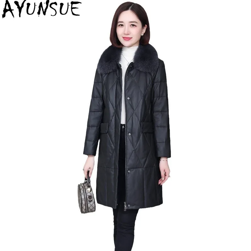 AYUNSUE 양피 정품 가죽 자켓 여성 따뜻한 다운 코트 여성 코트 겨울 의류 여우 모피 칼라 2025 Куртка Кожаная