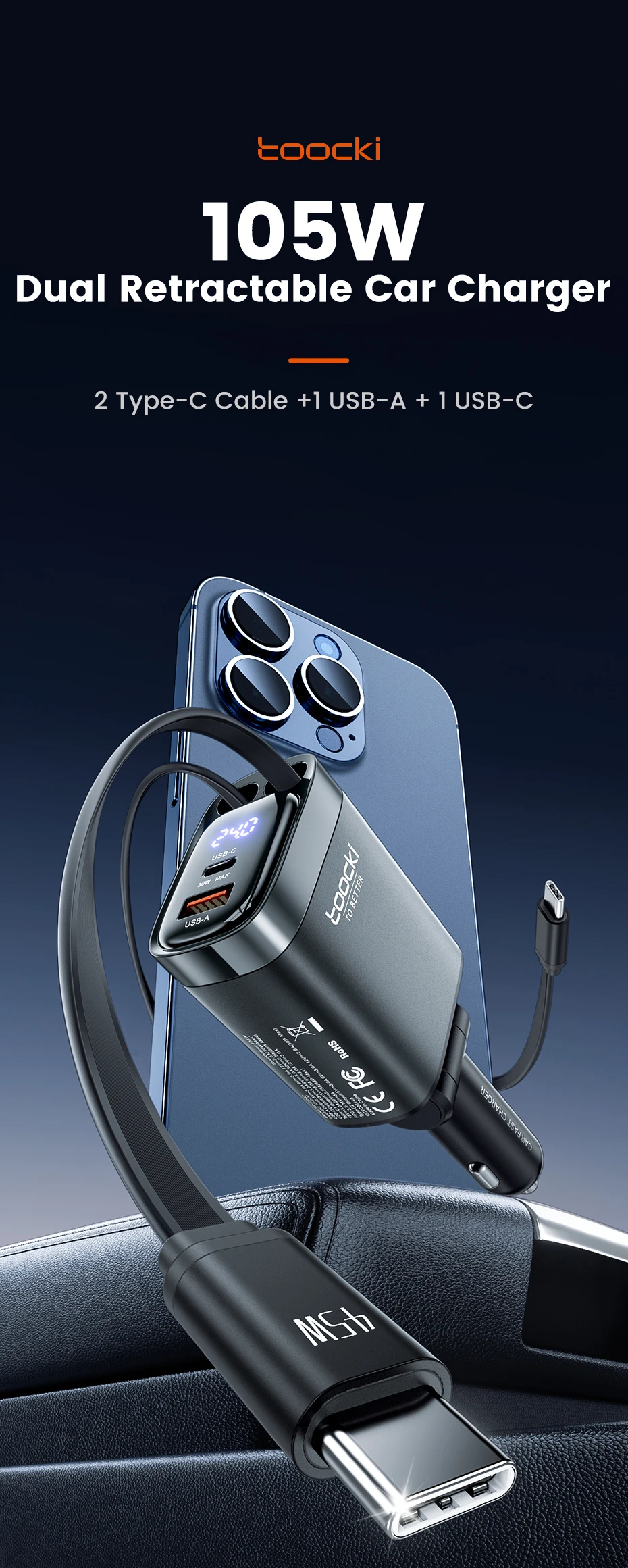 Toocki 4 IN 1 einziehbares Autoladegerät 105 W Handy-Ladegerät Typ C-Kabel für iPhone 16 15 Schnellladekabel Zigarettenadapter – Detail 1