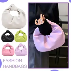 Women Pleated Clutch Bag Solid Color PU Leather Knot Top Handle Bag Simple Ruched Tote Pouch for Party Vacation