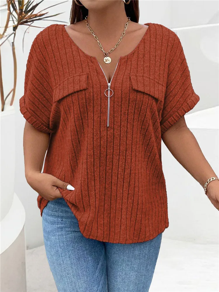 Solid Color Zipper Short Sleeve Casual Pullover T Shirt Women Loose Clothes Fashion Female Tee V-Neck Streetwear Plus Size Tops