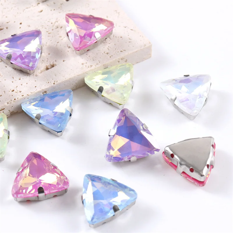 High quality Triangle Glass Sew On Rhinestone with sliver base Crystal stone for Sewing Crafts Garment Clothing Accessories