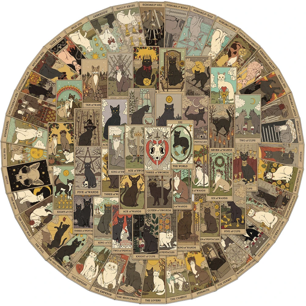 

10/30/72pcs Vintage Mysterious Cat Tarot Card Stickers Gothic Style Graffiti Sticker DIY Skateboard Phone Laptop Cartoon Decals
