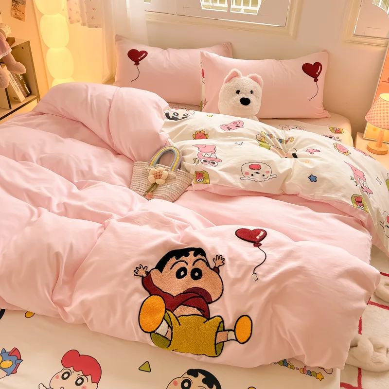 Crayon Shin-Chan Washed Cotton Cartoon Bed Four Piece Set Cute Spring Autumn Embroidered Children's Dormitory Three Piece Set