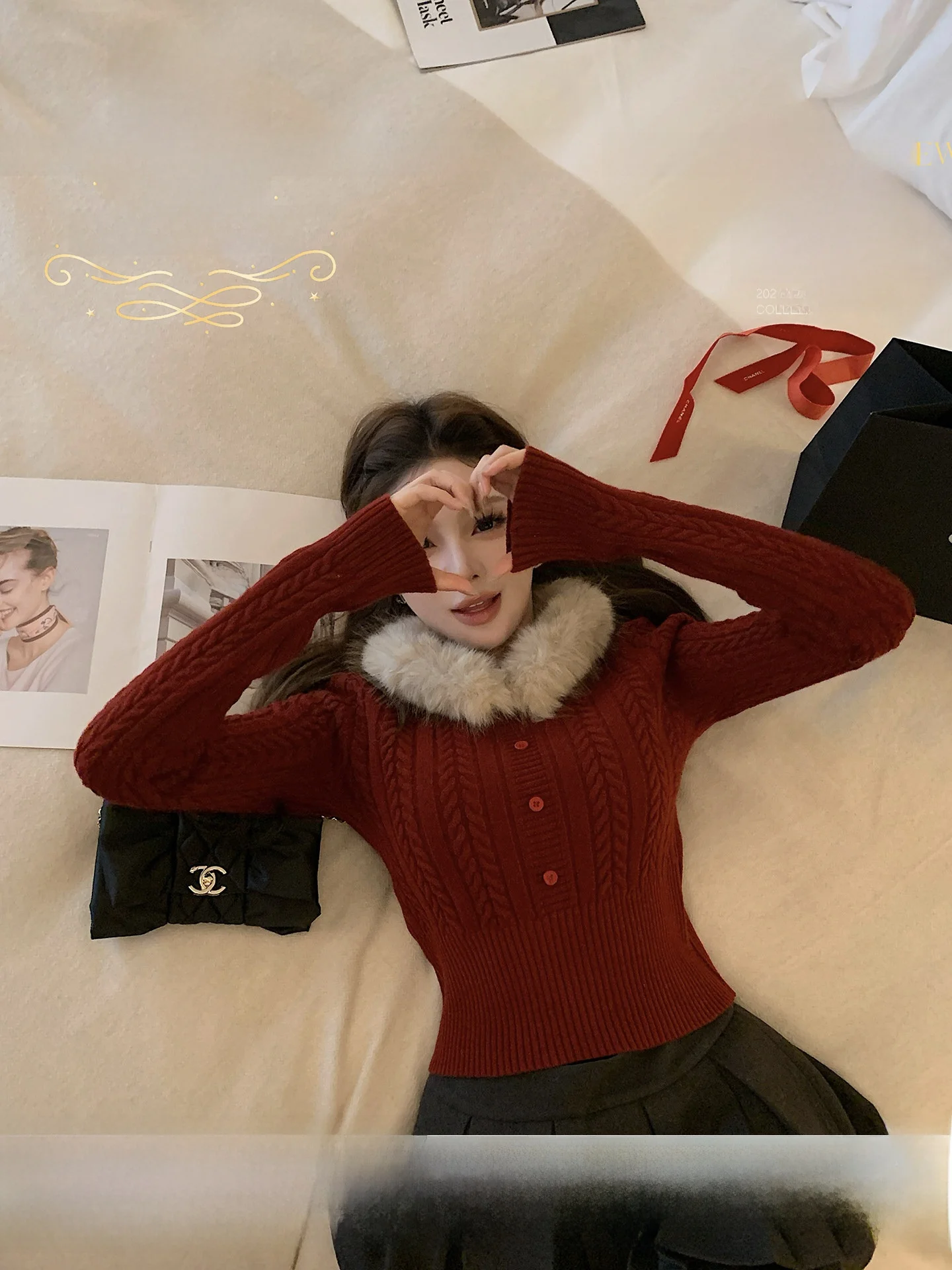 

Red Fur Collar Twisted Knit ort Sweater Women's Casual Sle Autumn Winter New Arrival Qiu Ruo Ya Vintage Celebri Faion