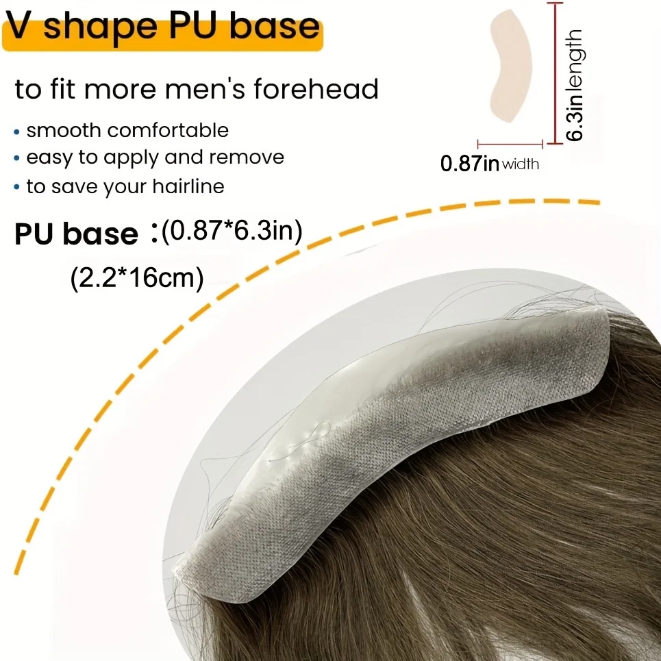 Men's V-Hairline Glueless 15 CM Straight Human Hair Wig Light Beige Base for Balding Seamless Natural Look for Daily Wear