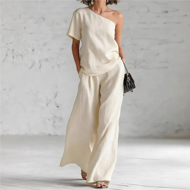 

2026 Loose Summer Pants Set Solid One Shoulder Single Strap Sleeveless Top Wide Leg Pants Women's Casual Sportswear 2-piece Set