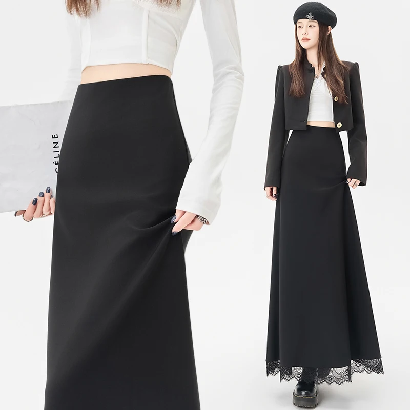 

Осенняя тонкая кружевная шикарная женская юбка с высокой талией, простая базовая модная уличная женская юбка, повседневная свободная черная юбка трапециевидной формы, женская