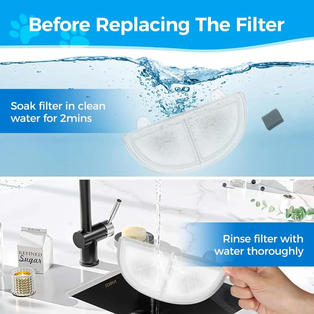 6pcs Filters & Sponges, Cat Water Fountain Filter, Triple Filtration System Replacement Filters for Wireless Cat Water Fountain