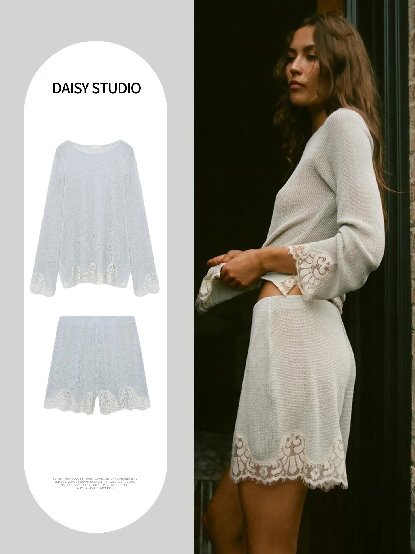 round Neck Long Sleeve Lace Patchwork Straight Cut Hem Top mid Waist Short Pants Two Piece Set Fashionable Women's Outfit Autumn