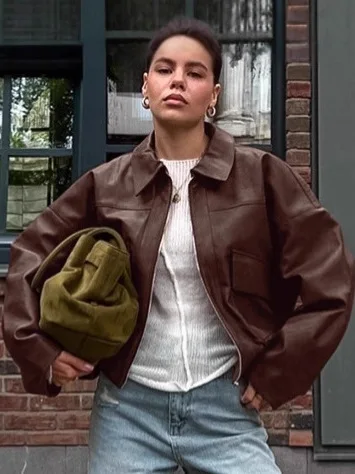 جاكيت جلد بني عتيق للنساء، ملابس خارجية عادية للتنقل اليومي، معطف قصير دافئ من مادة البولي يوريثين، أكمام طويلة، إغلاق بسحاب،...